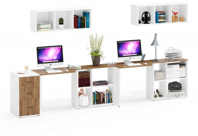 Лидер-8 Стол + Полка + Стол + Полка + Тумба МД 3.16, цвет белый шагрень/крафт золото, ШхГхВ 370х50/30х75/190 или 270х80/50х75/190 , НЕ универс. сборка