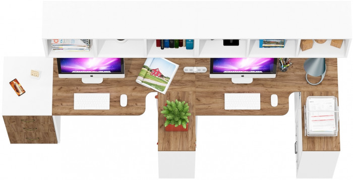 Лидер-8 Стол + Полка + Стол + Полка + Тумба МД 3.16, цвет белый шагрень/крафт золото, ШхГхВ 370х50/30х75/190 или 270х80/50х75/190 , НЕ универс. сборка