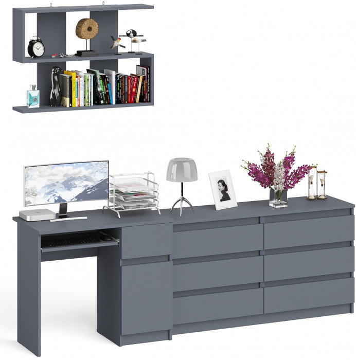 Мори Стол компьютерный МС-1 правый + Комод МК1380.6 + Полка 900, цвет графит, ШхГхВ 228х50х209,6 см., НЕ универсальная сборка