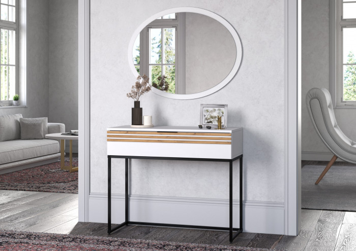 Туалетный столик + Зеркало Нао, Белый/Белый, Дуб Вотан