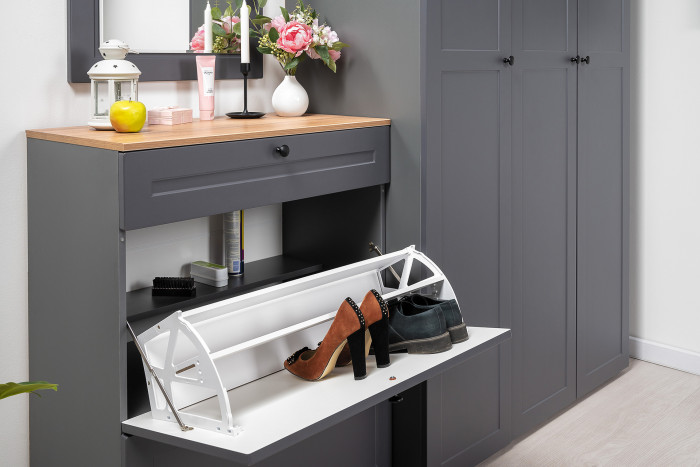 Остин 16.121 Тумба для обуви + 17.03 Зеркало, цвет серый графит/дуб крафт золотой, ШхГхВ 80х41,6х229 см.