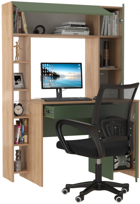 Стол компьютерный Комфорт 12.71 + кресло 103 чёрное, цвет гикори рокфорд натуральный/дымчатый зелёный, ШхГхВ 116,7х60,2х165,4 см., НЕ ун. сборка