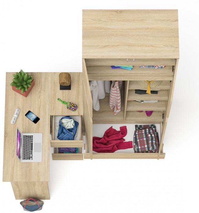 Мори Стол компьютерный МС-16 правый + Шкаф МШ900.1 + Антресоль МА900.1, цвет дуб сонома, ШхГхВ 214,8х84,9х234,2 см., выдвиж. ящики справа, НЕ ун. сб.