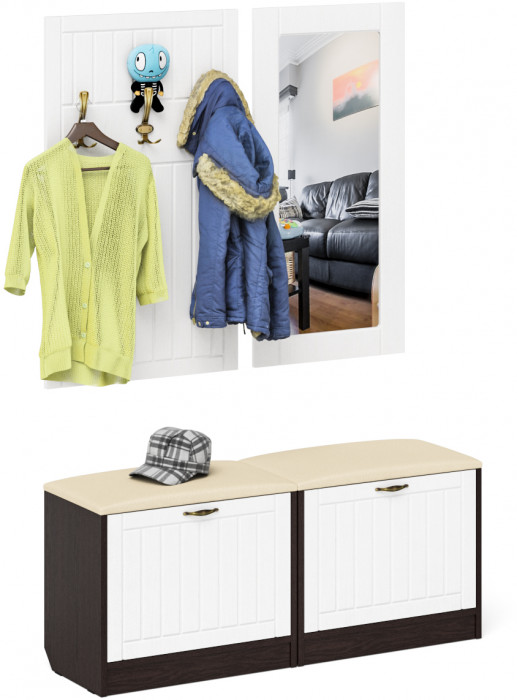 Прихожая П-6 Компоновка № 02, цвет венге/фасады МДФ белое дерево фрезеровка прованс, ШхГхВ 120х35х200 см.