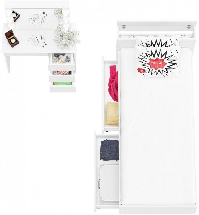 Ксения Кровать с ящиками 0900 + Стол косметический с подсветкой Сура, белый