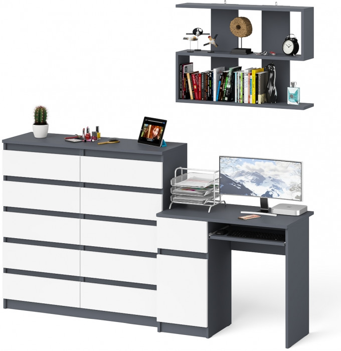 Мори компьютерный стол МС-1 левый + Комод МК1200.10 + Полка 900, графит/белый