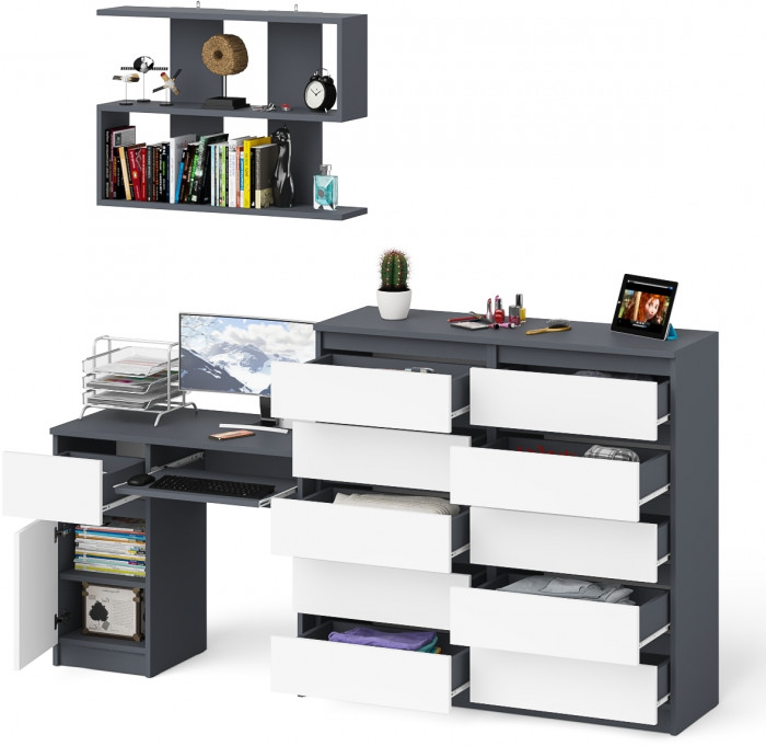 Мори компьютерный стол МС-1 левый + Комод МК1200.10 + Полка 900, графит/белый