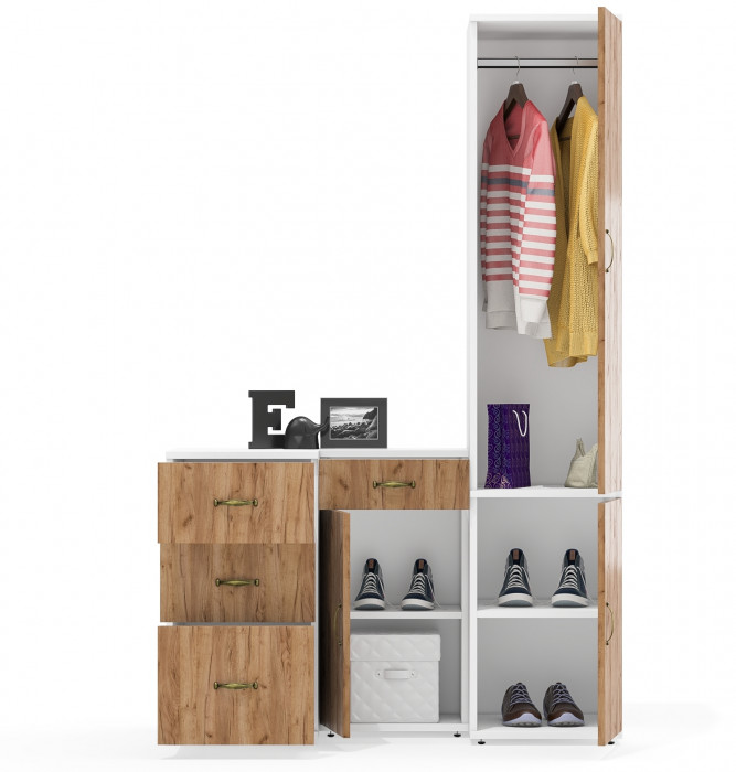 Лидер-8 Пенал МД 23Б + Тумба МД 3.15 + Тумба МД 3.16, цвет белый шагрень/крафт золото, ШхГхВ 120х50х190 см., универсальная сборка