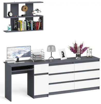 Мори Стол компьютерный МС-1 правый + Комод МК1380.6 + Полка 900, цвет графит/белый, ШхГхВ 228х50х209,6 см., НЕ универсальная сборка