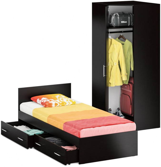 Кровать с ящиками 0900 + Шкаф угловой Стандарт, цвет венге, ШхГхВ 93,5х203,5х70 + 81,2х81,2х200 см., сп.м. 900х2000 мм., без матраса, основание есть