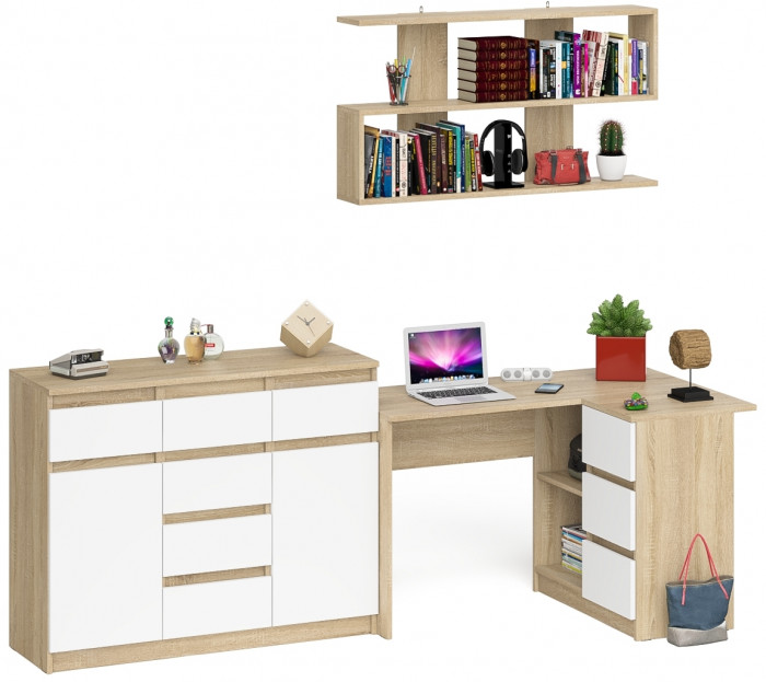 Мори компьютерный стол МС-16 правый + Комод МК1200.4 + Полка 1200, дуб сонома/белый