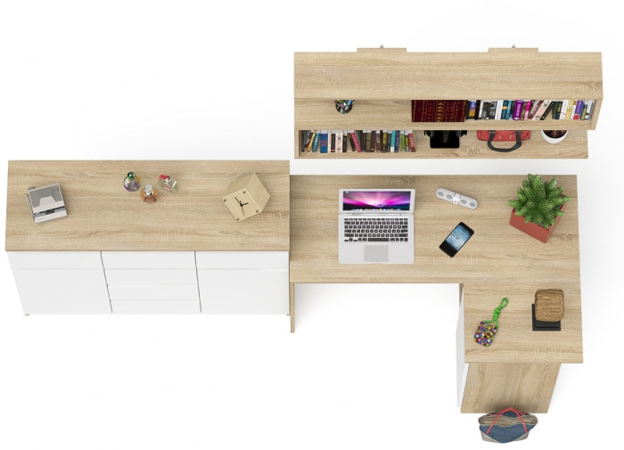 Мори компьютерный стол МС-16 правый + Комод МК1200.4 + Полка 1200, дуб сонома/белый
