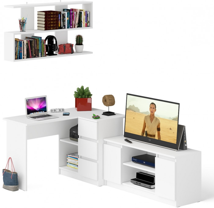 Мори компьютерный стол МС-16 правый + Тумба МТВ1200.1 + Полка 1200, белый