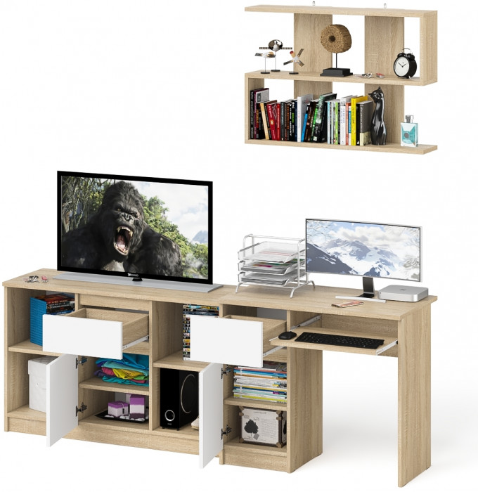 Мори Стол компьютерный МС-1 левый + Тумба МТВ1204.1 + Полка 900, цвет дуб сонома/белый, ШхГхВ 210,4х50х209,6 см., НЕ универсальная сборка