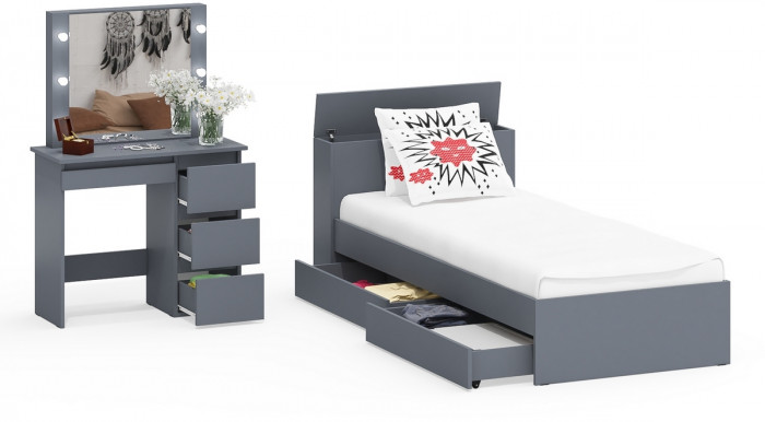 Ксения Кровать с ящиками 0900 + Стол косметический с подсветкой Сура, графит