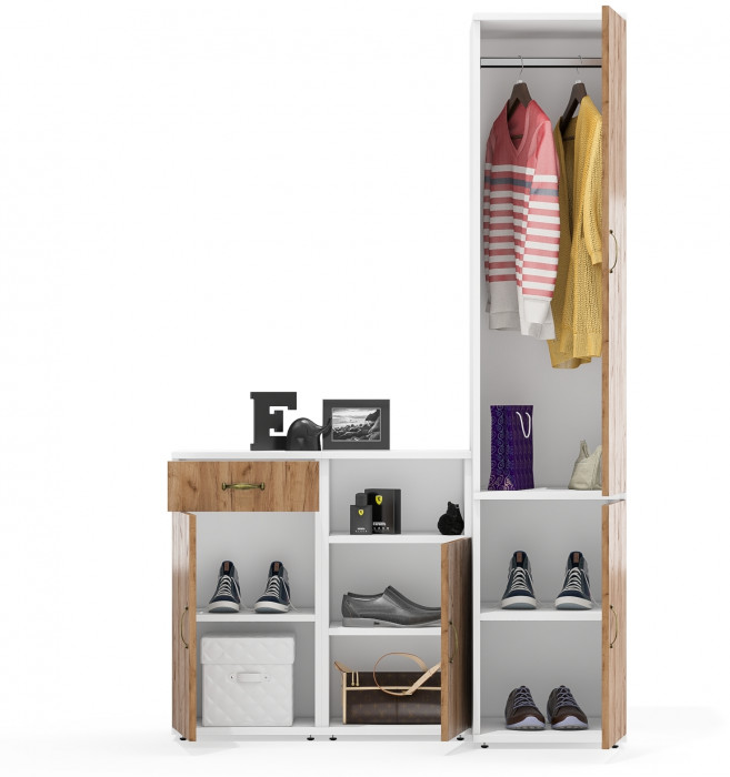 Лидер-8 Пенал МД 23Б + Тумба МД 3.15 + Тумба МД 3.19, цвет белый шагрень/крафт золото, ШхГхВ 120х50х190 см., универсальная сборка