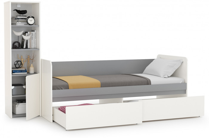 Торонто 11.39 Кровать + 13.13 Шкаф комбинированный, цвет белый шагрень/стальной серый, ШхГхВ 234х84,4х149,7 см, сп. м. 800х1900 мм, б/м, основан. есть