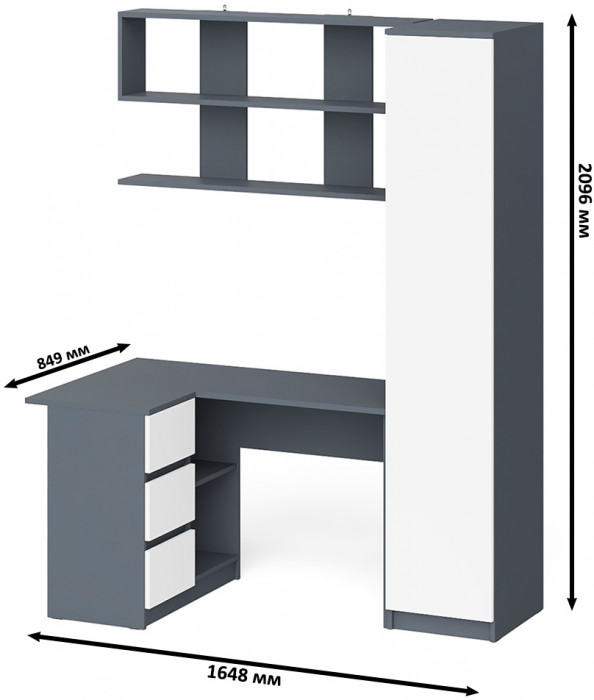 Мори компьютерный стол МС-16 левый + Пенал МШ400.1 + Полка 1200, графит/белый