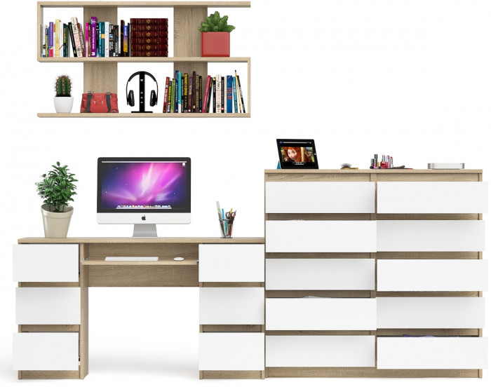 Мори компьютерный стол МС-2 + Комод МК1200.10 + Полка 1200, дуб сонома/белый