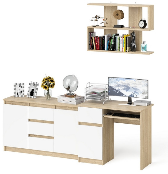 Мори Стол компьютерный МС-1 левый + Комод МК1200.3 + Полка 900, цвет дуб сонома/белый, ШхГхВ 210,4х50х209,6 см., НЕ универсальная сборка