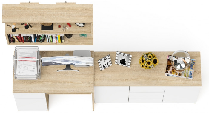 Мори Стол компьютерный МС-1 левый + Комод МК1200.3 + Полка 900, цвет дуб сонома/белый, ШхГхВ 210,4х50х209,6 см., НЕ универсальная сборка