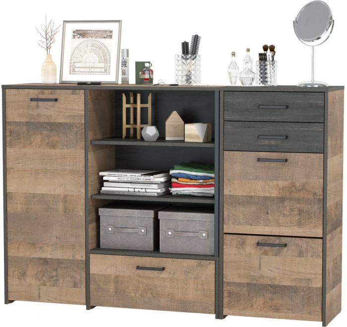 Трувор 13.241.06 Тумба для обуви + 13.307.01 Комод, цвет дуб гранж песочный/интра, ШхГхВ 159х37х106,9 см., универсальная сборка