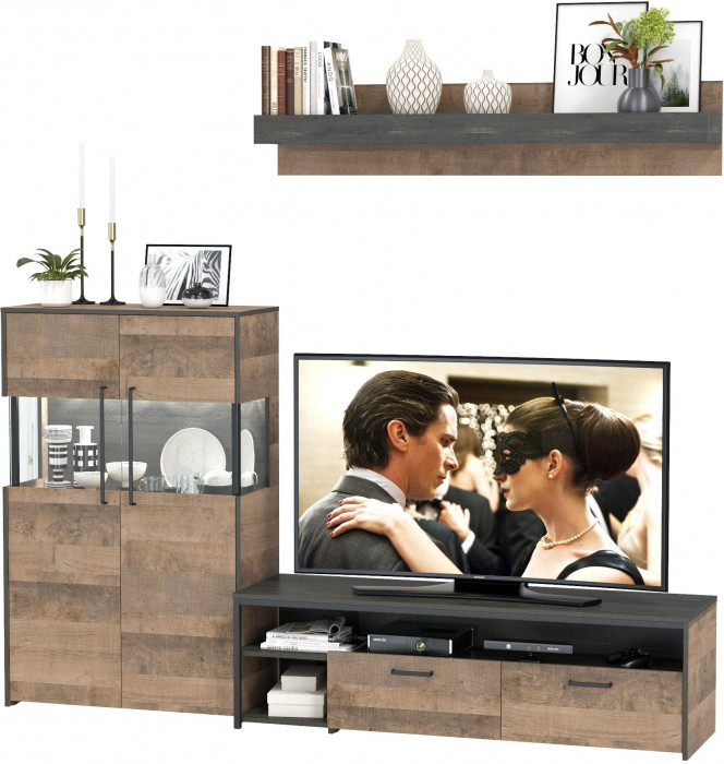 Трувор 13.70 Тумба под ТВ + 13.306 Комод с витриной + 15.60 Полка, дуб гранж песочный/интра