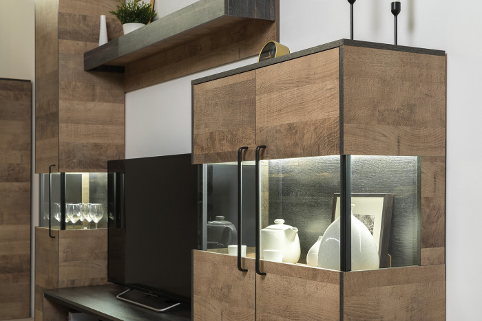 Трувор 13.70 Тумба под ТВ + 13.306 Комод с витриной + 15.60 Полка, дуб гранж песочный/интра