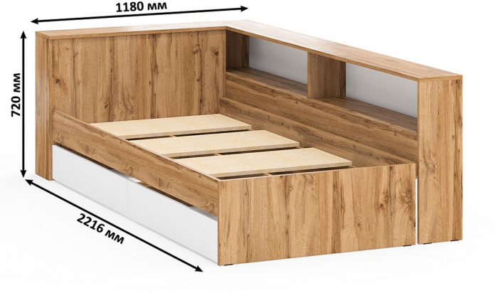 Ксения Кровать с ящиками 0900 + Стол косметический с подсветкой 110, дуб вотан/белый