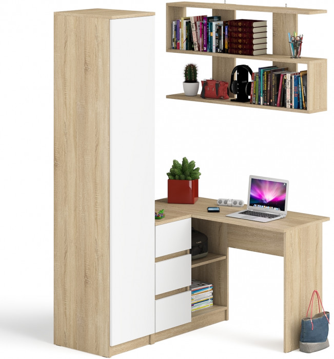Мори компьютерный стол МС-16 левый + Пенал МШ400.1 + Полка 1200, дуб сонома/белый