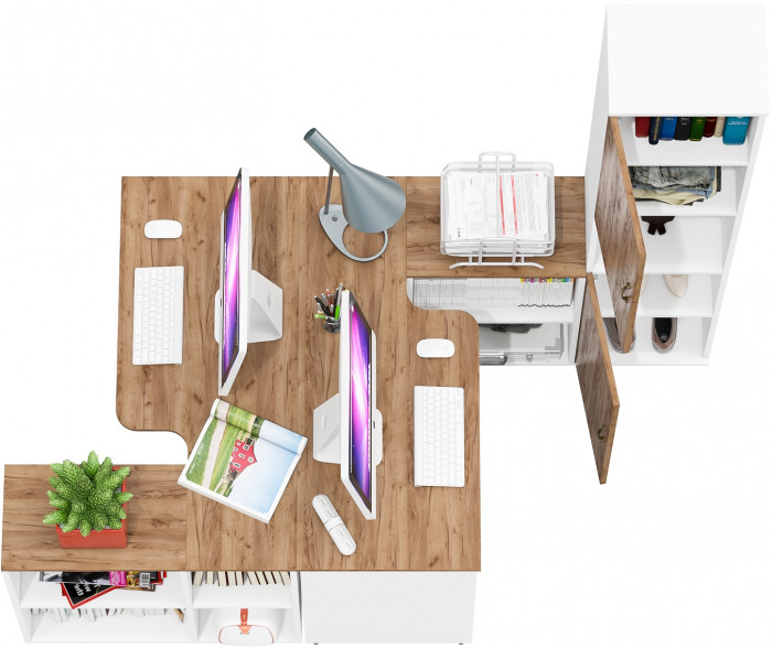 Лидер-8 Стол + Стол + Пенал, цвет белый шагрень/крафт золото, ШхГхВ 370х50/30х75/190 см. или 230х50/120х75/190 см., НЕ универсальная сборка