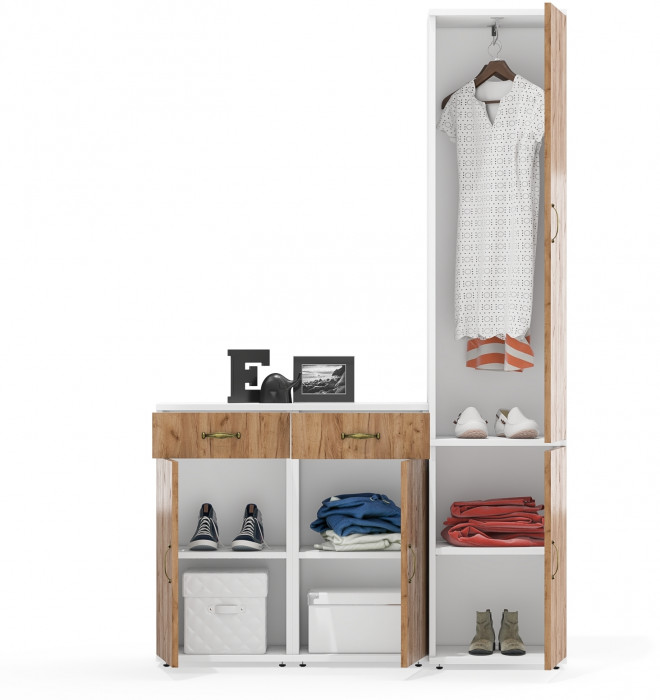 Лидер-8 Пенал МД 21Б + Тумба МД 3.15 + Тумба МД 3.15, цвет белый шагрень/крафт золото, ШхГхВ 120х37,5х190 см., универсальная сборка