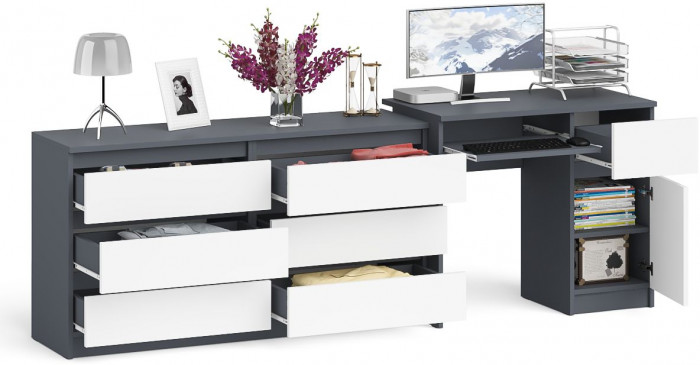 Мори Стол компьютерный МС-1 правый + Комод МК1380.6, цвет графит/белый, ШхГхВ 228х50х76,6 см., выдвижной ящик справа, НЕ универсальная сборка
