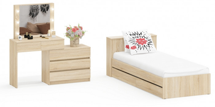 Ксения Кровать с ящиками 0900 + Стол косметический с подсветкой 110, дуб сонома