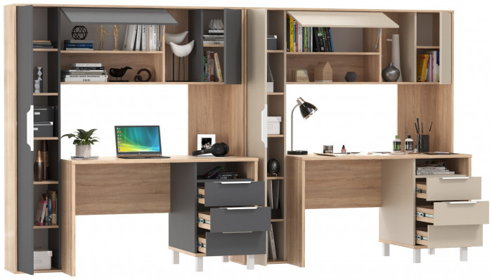 Два стола компьютерных Комфорт 12.95N, цвет дуб сонома/сатин/дуб сонома/тёмно-серый, ШхГхВ 324х60,3х180 см., НЕ универсальная сборка