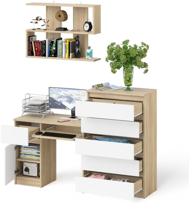 Мори компьютерный стол МС-1 левый + Комод МК700.5 + Полка 900, дуб сонома/белый