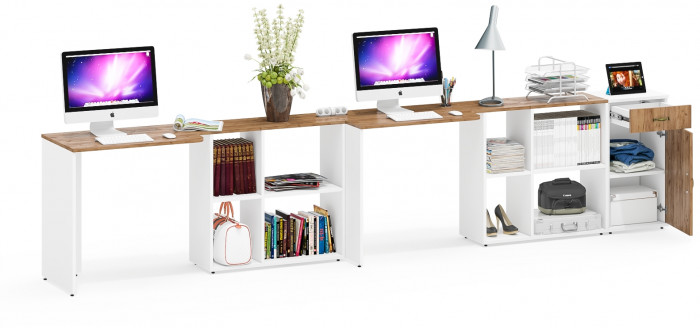 Лидер-8 Стол + Стол + Тумба МД 3.15, цвет белый шагрень/крафт золото, ШхГхВ 370х50/30х75 см. или 230х50/120х75 см., НЕ универсальная сборка