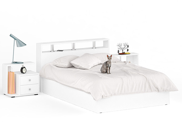 Камелия Кровать 1400 + две тумбы, цвет белый, ШхГхВ 256х217х78,2 см., сп.м. 1400х2000 мм., без матраса, основание есть