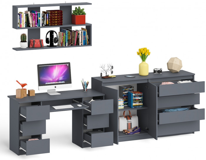 Мори компьютерный стол МС-2 + Комод МК1600.1 + Полка 1200, графит
