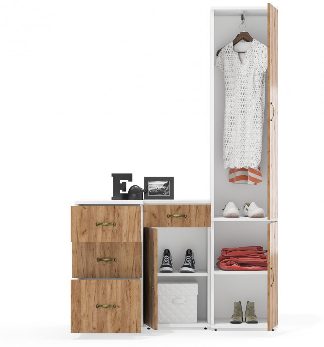 Лидер-8 Пенал МД 21Б + Тумба МД 3.15 + Тумба МД 3.16, цвет белый шагрень/крафт золото, ШхГхВ 120х50х190 см., универсальная сборка