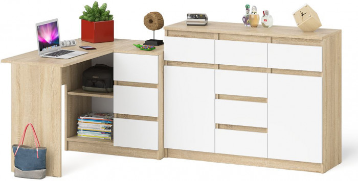 Мори Стол компьютерный МС-16 правый + Комод МК1200.4, цвет дуб сонома/белый, ШхГхВ 244,8х84,9х94 см., выдвижные ящики справа, НЕ универсальная сборка