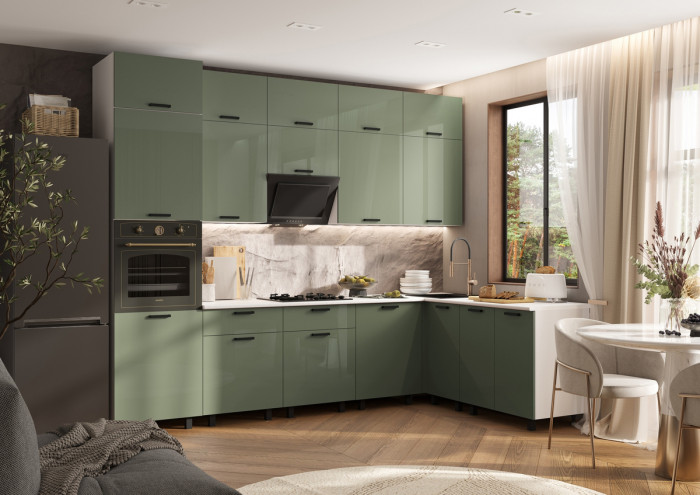 Кухня Техно 3,0х1,8/1080м Компоновка №6, Белый/Олива глянец