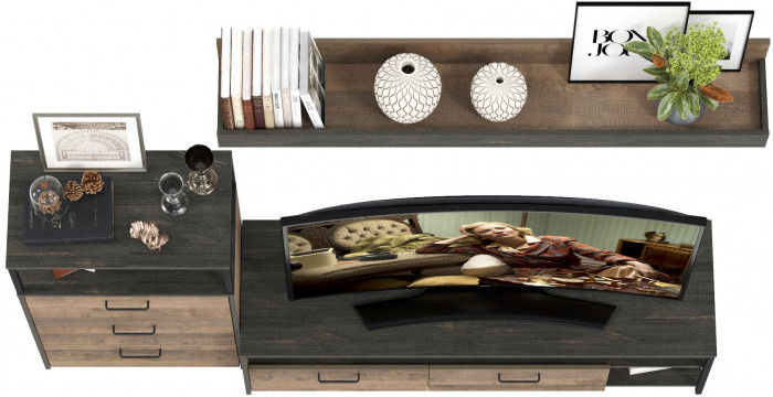 Трувор 13.70 Тумба под ТВ + 13.307.02 Комод с ящиками + 15.60 Полка, дуб гранж песочный/интра