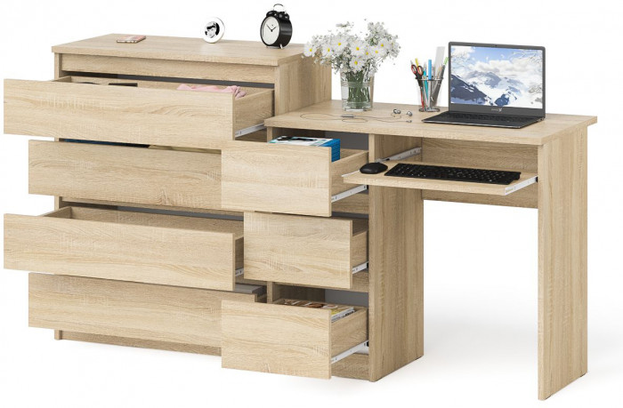 Мори Стол компьютерный МС-6 левый + Комод МК800.4, цвет дуб сонома, ШхГхВ 170,4х50х94 см., выдвижные ящики слева, НЕ универсальная сборка