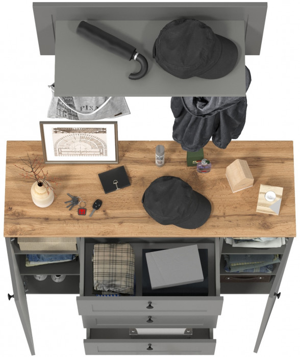 Остин 16.221 Комод + 15.12 Вешалка, цвет серый графит/дуб крафт золотой, ШхГхВ 120х41,9х210 см.