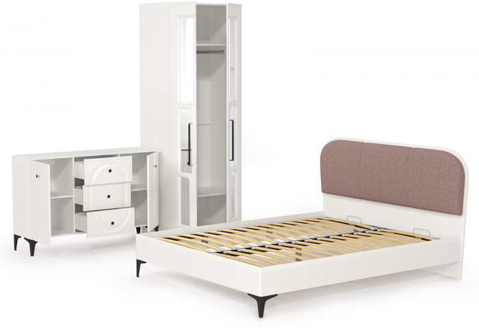 Валенсия Спальня № 18, цвет ЛДСП белый шагрень/МДФ белый шагрень/ткань велутто 19, ортопед есть, сп. м. 1600х2000 мм., б/м