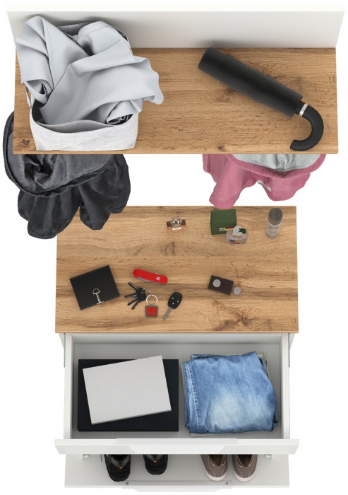 Октава 16.127 Тумба для обуви + 15.14.01 Вешалка, цвет белый шагрень/дуб крафт золотой/фасады МДФ белый шагрень, ШхГхВ 64,9х35,4х197 см.