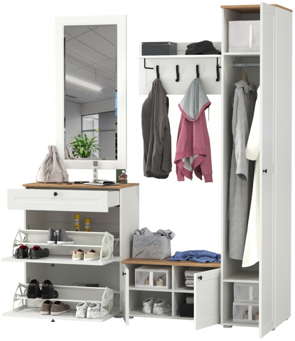 Остин Прихожая 45, цвет белый шагрень/дуб крафт золотой, ШхГхВ 200х54,3х229,6 см., универсальная сборка