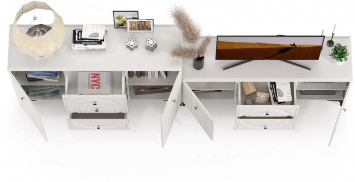 Валенсия Спальня 13.309 Комод + 16.45 Тумба под ТВ, ЛДСП белый шагрень/МДФ белый шагрень