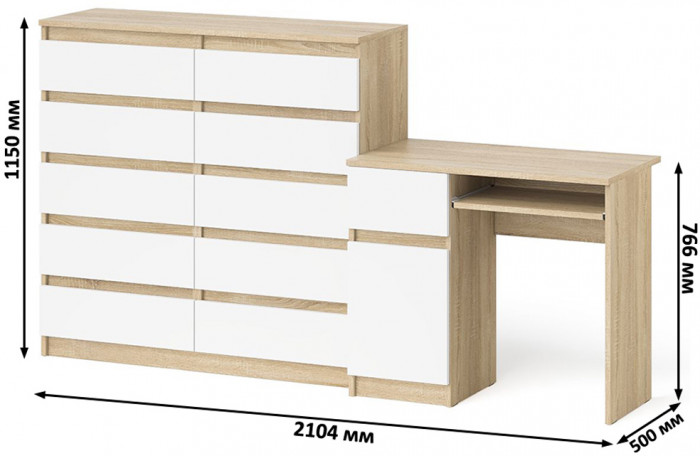 Мори компьютерный стол МС-1 левый + Комод МК1200.10, дуб сонома/белый